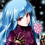  blue_hair candy food gloves hayashi_keita kula_diamond lollipop long_hair purple_eyes solo the_king_of_fighters 