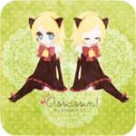  animal_ears blonde_hair blue_eyes dual_persona kagamine_rin lowres multiple_girls natu_(artist) psycho-puzzle song_name thighhighs vocaloid 