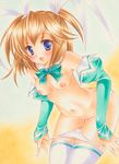  aizawa_tomomi bad_id bad_pixiv_id blonde_hair blue_eyes blush breasts chinako hair_ribbon medium_breasts nipples nude open_mouth pia_carrot_(series) pia_carrot_e_youkoso!!_3 ribbon solo thighhighs traditional_media white_legwear 