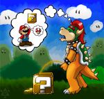  2010 bowser collar edofenrir gloves hair hat koopa long_hair male mario mushroom mustache nintendo open_mouth overalls peeing red_hair shell shoes solo spiked_collar spikes standing tail teeth thought_bubble tongue urine watersports 
