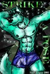  2002 abs armpits barazoku blue_eyes boxers bulge canine grin looking_at_viewer male muscles pinup pose presenting raff raff_m_logan rave shorts solo standing tail underwear werewolf wolf 