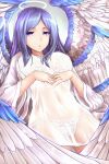  1girl angel angel_wings blue_eyes blue_hair bra camisole carefree commentary_request cowboy_shot feathered_wings halo highres kamiya_ueshi lingerie long_hair long_sleeves multiple_wings open_mouth sariel_(touhou) see-through seraph shirt solo touhou touhou_(pc-98) unbuttoned unbuttoned_shirt underwear very_long_hair white_camisole white_shirt white_wings wide_sleeves wings 