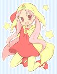  bad_id bad_pixiv_id cape hat idu_michito jester_cap midair pantyhose pink_eyes pink_hair princess_silver solo star striped striped_background twintails vertical-striped_background vertical_stripes yellow_legwear yume_no_crayon_oukoku 