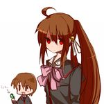  1girl bow brother_and_sister brown_hair chibi little_busters! long_hair natsume_kyousuke natsume_rin oshiruko_(tsume) pink_bow ponytail red_eyes school_uniform siblings 