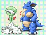  blush breast_envy breasts couple dokudoku10 eyes_closed female flat_chest gardevoir hmph! kneeling nidoqueen pok&eacute;mon red_eyes spikes staring tail 