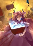  book book_focus crescent floating_book fred04142 glowing hair_ribbon hat long_hair magic open_book patchouli_knowledge purple_eyes purple_hair ribbon solo touhou 