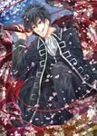  ascot black_hair blue_eyes cherry_blossoms cigarette floral_print flower gintama hijikata_toushirou japanese_clothes male_focus mouth_hold open_clothes petals red_rope robe rope shizuki_(hakugyokurou) sitting smoking solo spiked_hair sword trench_coat water weapon 