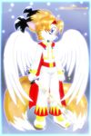  blue_eyes blush canine fox hair jamesfoxbr jillian_(character) kitsune male multiple_tails orange solo standing sword tail weapon wings 