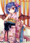  2011 alternate_costume bad_id bad_pixiv_id bat_wings blue_hair fang flower hair_flower hair_ornament highres japanese_clothes kimono moyuvvx red_eyes remilia_scarlet shippou_(pattern) short_hair solo touhou wings 