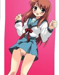  1girl aqua_eyes asahina_mikuru belt blush brown_eyes brown_hair legs long_hair naked no_panties nude open_mouth pussy school_girl school_uniform serafuku skirt solo suzumiya_haruhi_no_yuuutsu thighs tongue uncensored undressing 