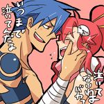  1girl blue_hair blush closed_eyes couple face-to-face hair_ornament hairclip hetero kamina red_eyes red_hair rikko_(peso) tattoo tengen_toppa_gurren_lagann yoko_littner 