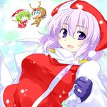  batsu blue_hair breasts chibi christmas cirno daiyousei green_hair lavender_hair letty_whiterock medium_breasts multiple_girls purple_eyes santa_costume short_hair touhou wings 