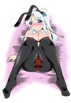  animal_ears bad_id bad_pixiv_id bare_shoulders black_legwear blush breasts bunny_ears bunnysuit cameltoe cleavage feet fuantei hair_bobbles hair_ornament large_breasts long_hair lying on_back pantyhose shinki side_ponytail solo touhou white_hair 