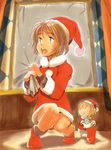  brown_eyes brown_hair hagiwara_yukiho hirokazu idolmaster idolmaster_(classic) multiple_girls nonowa sack santa_costume short_hair window 