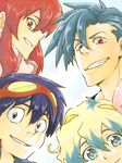  2boys 2girls black_eyes blue_hair goggles goggles_on_head kamina multicolored_hair multiple_boys multiple_girls nia_teppelin red_eyes red_hair ru&amp;pauda_(artist) scarf simon smile tegaki tengen_toppa_gurren_lagann two-tone_hair yellow_eyes yoko_littner 