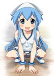  arm_support blue_eyes blue_hair blush boots bracelet dress hat ikamusume jewelry long_hair ryunnu shinryaku!_ikamusume solo squatting 