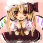  ascot bad_id bad_pixiv_id blonde_hair bow fangs flandre_scarlet long_hair red_eyes smile solo touhou twintails wrist_cuffs yumemomosaka 