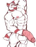  anthro balls big_balls big_penis canine cum cursedmarked erection eyes_closed flaccid grin male mammal monochrome muscles nipples nude penis plain_background pose red_and_white sketch solo standing tail vein veins white_background 