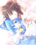  ascot black_hair blue_eyes blue_hair cirno cosplay hair_ribbon hakurei_reimu hakurei_reimu_(cosplay) hug hug_from_behind multiple_girls ribbon short_hair touhou yuya_(minus-k) 