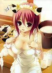  akamaru animal_ears apron bottle breasts cleavage copyright_request cow cow_ears large_breasts naked_apron red_eyes red_hair short_hair solo 