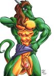  balls dragon flaccid foxxfire green green_body horn horns male muscles nude penis plain_background scalie solo standing white_background 