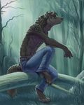  clothing forest hibbary male mammal pants scenery solo topless tree wolf wood 