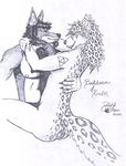  canine couple daelyhelaxon duo ear_piercing earring feline female fox hug hybrid leopard male mammal nude piercing plain_background spots triforce white_background wolf 