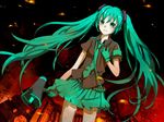  bad_id bad_pixiv_id blush embers gloves green_eyes hatsune_miku jpeg_artifacts koi_wa_sensou_(vocaloid) long_hair megaphone solo twintails vocaloid yuzuki_kihiro 