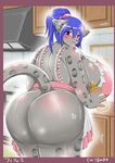  big_breasts big_butt blue_hair blush breasts butt chubby ear_piercing earring eyeshadow fat feline female hair huge_breasts huge_butt hyper hyper_breasts kitchen leopard lipstick looking_at_viewer makeup mammal overweight piercing snow_leopard solo ymbk 