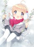  :d ahoge bad_id bad_pixiv_id blonde_hair blue_eyes blush bow coat earmuffs eyebrows_visible_through_hair flower from_above long_hair looking_up open_mouth original pan_(mimi) pantyhose plant pleated_skirt red_scarf ribbon scarf sitting skirt smile snow solo swing vines white_legwear winter 