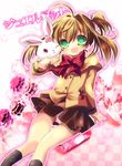  ;o ahoge animal bad_id bad_pixiv_id black_legwear blush bow bowtie brown_hair brown_skirt bunny green_eyes jewelpet_(series) jewelpet_twinkle kneehighs kosuzume long_sleeves looking_at_viewer one_eye_closed parted_lips red_bow red_neckwear ruby_(jewelpet) sakura_akari skirt tareme thigh_gap 