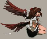  brown_hair looking_at_viewer open_mouth shameimaru_aya short_hair simple_background smile solo touhou tsunnosuke wings 