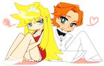  1girl alternate_hairstyle blonde_hair blue_plan blush bow bowtie brief_(psg) couple dress hetero jewelry long_hair orange_hair panty_&amp;_stocking_with_garterbelt panty_(psg) red_dress short_dress sitting tiara tuxedo 