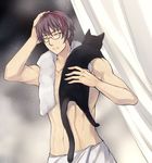  brown_hair cat diana_(umineko) glasses honda_tamanosuke male_focus multicolored_hair muscle older streaked_hair towel two-tone_hair umineko_no_naku_koro_ni wet willard_h_wright 