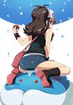  ass baseball_cap blue_eyes brown_hair from_behind gen_5_pokemon hat jellicent long_hair looking_back poke_ball pokemon pokemon_(creature) pokemon_(game) pokemon_bw ponytail short_shorts shorts touko_(pokemon) wrist_cuffs yokaze_japan 