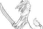  greyscale monochrome plain_background rain_silves sergal sketch solo sword tom_fischbach tongue tongue_out weapon white_background 