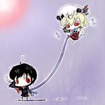  ahoge bad_id bad_pixiv_id black_hair blonde_hair chibi eating flandre_scarlet floating houjuu_nue koohee multiple_girls red_eyes touhou wings 