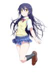  1girl bangs black_legwear blue_hair bow bowtie closed_mouth commentary_request dress_shirt floating full_body hair_between_eyes highres kneehighs kyo9999 long_hair looking_at_viewer love_live! love_live!_school_idol_project otonokizaka_school_uniform plaid plaid_skirt pleated_skirt red_neckwear school_uniform shirt shoes short_sleeves simple_background skirt smile solo sonoda_umi striped striped_neckwear vest white_background white_shirt yellow_eyes 