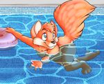  2010 blue_eyes canine cub fox inflatable kalida male nude pool raised_tail smile solo swimming tail toy water 