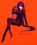  adjusting_hair bad_id bad_pixiv_id crossed_legs eyepatch formal gloves high_heels kawakami_shuuichi long_hair necktie original pant_suit purple_hair red shoes sitting solo suit very_long_hair 