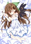  barefoot bow brown_hair closed_eyes dress feathers green_bow hair_bow hair_ornament hairclip highres kuraryu reiuji_utsuho sleeping solo strap_slip sundress touhou wings younger 