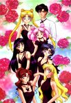  6+girls 6girls aino_minako bishoujo_senshi_sailor_moon black_dress blonde_hair breasts brown_hair chiba_mamoru chibi_usa child cleavage dress everyone flower hino_rei kino_makoto long_hair lowres mizuno_ami multiple_girls official_art pink_hair purple_hair rose roses short_hair smile tsukino_usagi twintails very_long_hair 