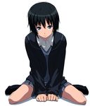  amagami bad_id bad_pixiv_id black_hair black_legwear blue_eyes bob_cut cardigan kneehighs nanasaki_ai no_shoes school_uniform shimejirou short_hair sitting skirt smile solo sweater_vest upturned_eyes v_arms wariza 