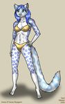  blue blue_hair bra clothed clothing colored_background feline female fur green_eyes grey_background hair hand_on_hip kacey_(character) leopard long_hair mammal navel opal_weasel panties plain_background shadow skimpy solo spots standing tail underwear white white_fur 