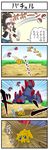  1girl 4koma :d bag baseball_cap black_hair blue_eyes blue_shorts comic day emphasis_lines falling gameplay_mechanics gen_5_pokemon gigalith grass ground hat high_ponytail joltik looking_up motion_lines open_mouth outdoors outstretched_arm poke_ball pokemoa pokemon pokemon_(creature) pokemon_(game) pokemon_bw shadow shorts shoulder_bag sidelocks size_difference sleeveless smile speech_bubble sweatband sweatdrop throwing touko_(pokemon) translated white_hat 