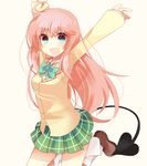  :d arms_up bad_id bad_pixiv_id demon_tail green_eyes lala_satalin_deviluke long_hair moeoba open_mouth pink_hair school_uniform smile solo tail to_love-ru 