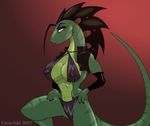  2007 background_gradient big_breasts breasts crowchild errin female green lizard makeup navel purple_eyes scalie skimpy solo stripes tail translucent transparent_clothing 