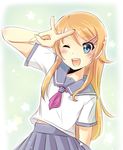  akamomo bad_id bad_pixiv_id blue_eyes brown_hair kousaka_kirino long_hair one_eye_closed ore_no_imouto_ga_konna_ni_kawaii_wake_ga_nai school_uniform serafuku solo v 