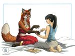  barefoot bed canine couple dark_hair female fox hindpaw human jasmyn kacey kneeling nail_polish orange_hair plantigrade pyjamas sleepover 