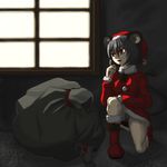  animal_ears grey_hair hat mizu_manjuu mouse_ears mouse_tail nazrin open_mouth red_eyes sack santa_costume santa_hat short_hair solo tail touhou window 